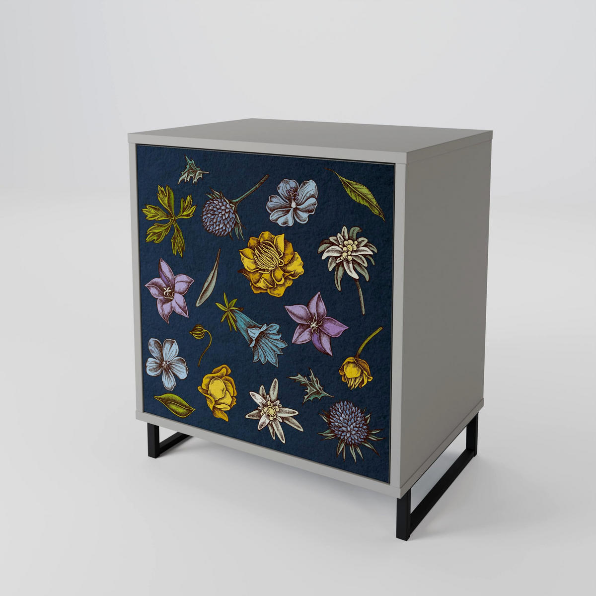 SIDEBOARD FLOWERS ON NAVY BLUE, Grau, 57,5x42x70,5 cm, Schwarze Metall-Sternfüße - Multicolor/Schwarz, Holzwerkstoff/Metall (57.5/70.5/42cm) - SpaceRebels