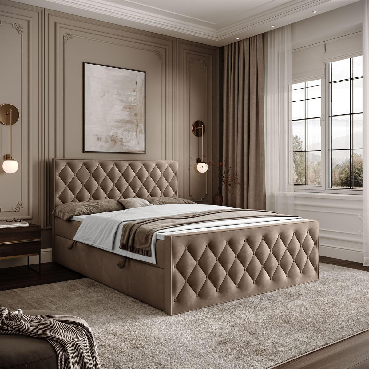 BOXBETT INEZ II mit Bettkasten mit Topper 140x200 cm Royal Velvet 176 - Beige, Textil - Lookway