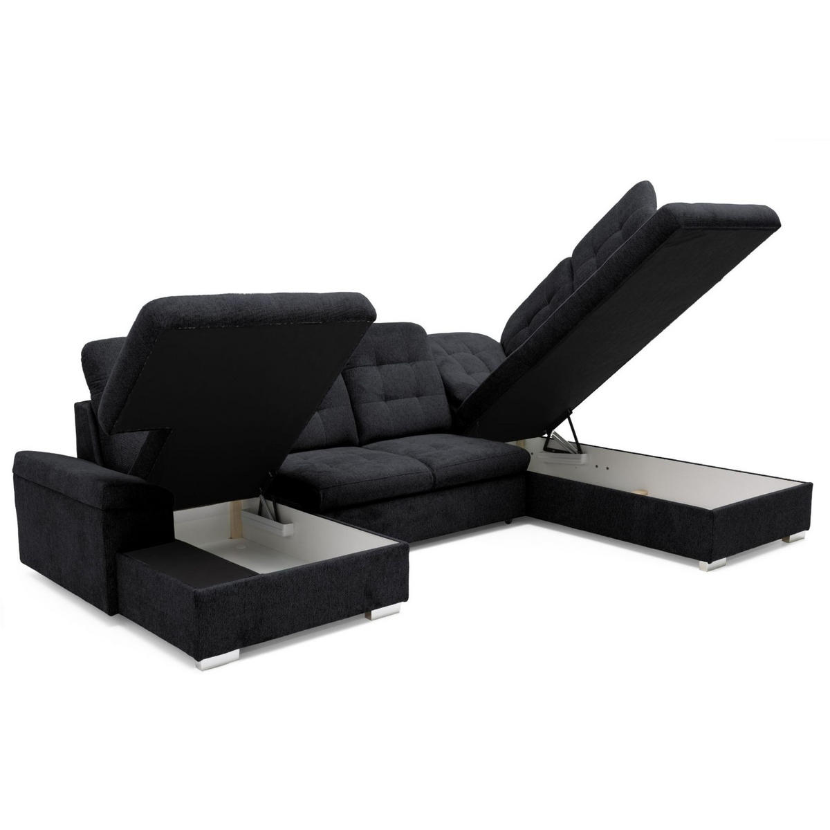ECKSOFA U-Form OLIVIA U Rechts mit Schlaffunktion 124x257 Velours Schwarz - Silberfarben/Schwarz, Holz/Kunststoff (202/103/320cm) - Muffo