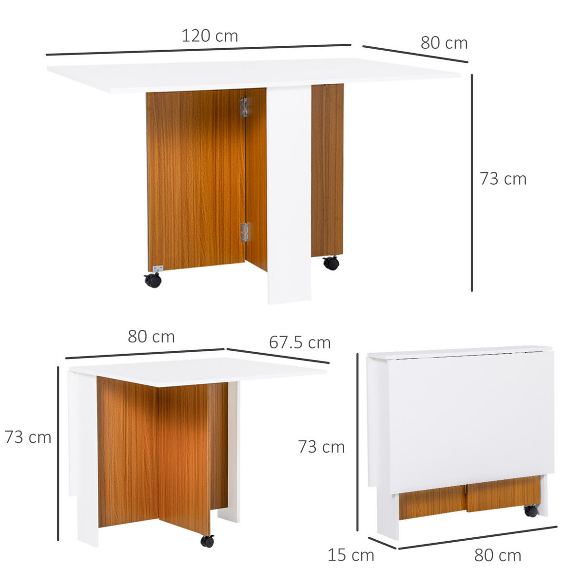 KLAPPTISCH 120/80/73 cm mit klappbarer Tischplatte und Rollen, platzsparend aus Holzwerkstoff, Weiß - Weiß, Holzwerkstoff (120/80/73cm) - Redom