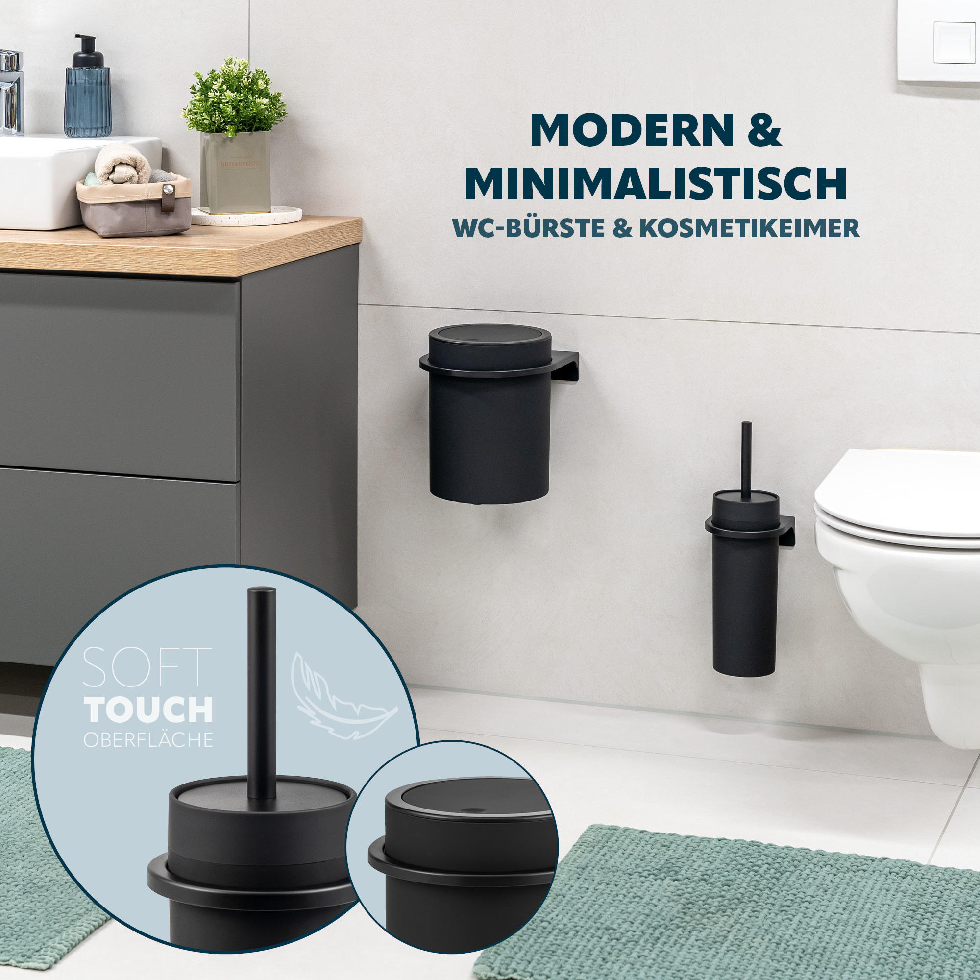 WC-GARNITUR 2-TLG. Bürste u. Eimer SAVONA Softtouch inkl. Wandhalterung, rund - schwarz - Schwarz, Kunststoff (19/24.5/19cm) - bremermann
