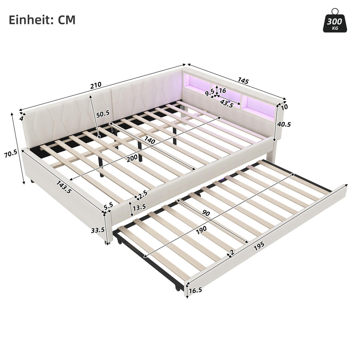 BETT 140/200 cm mit Kopfteil, USB-C und LED – inkl. Lattenrost, Beige - Beige, Textil (140/200cm) - BEAOK