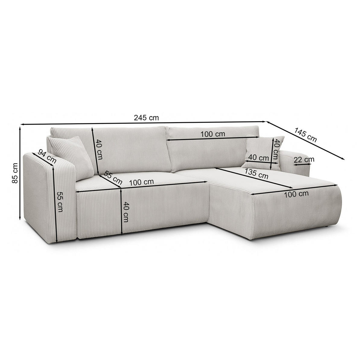 ECKSOFA mit Schlaffunktion Nellio L-Form universal mit Bettkasten Lachsfarben Cord - Koralle/Schwarz, Kunststoff/Textil (245/145cm) - Homebook