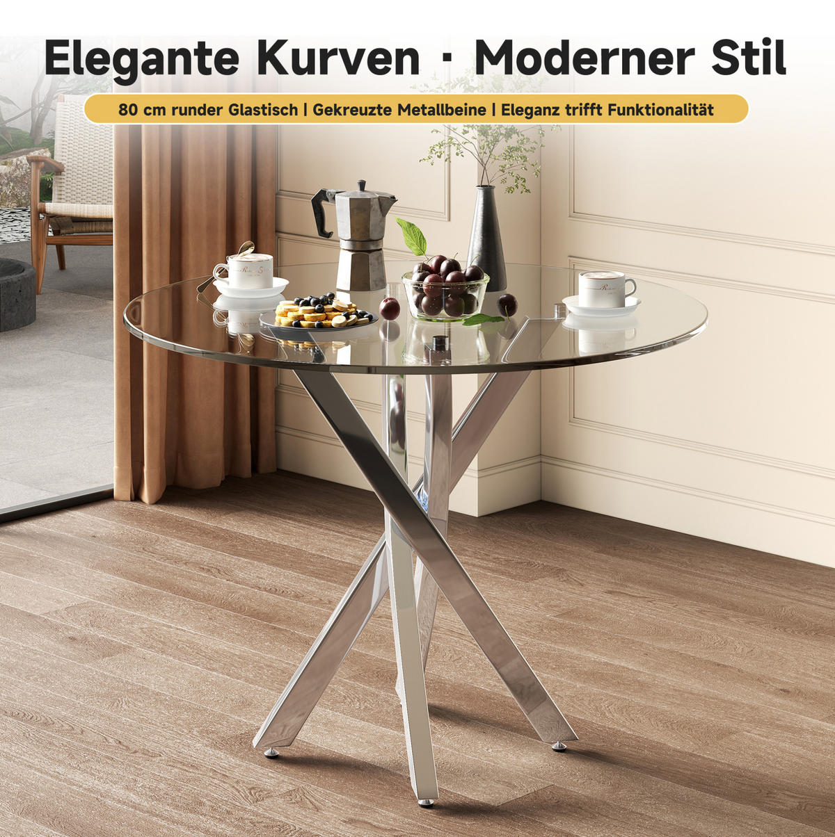 ESSTISCH 80/75/80 cm Silber aus Glas mit Metallgestell - Silberfarben, Glas (80/80/75cm) - OKMYHOME