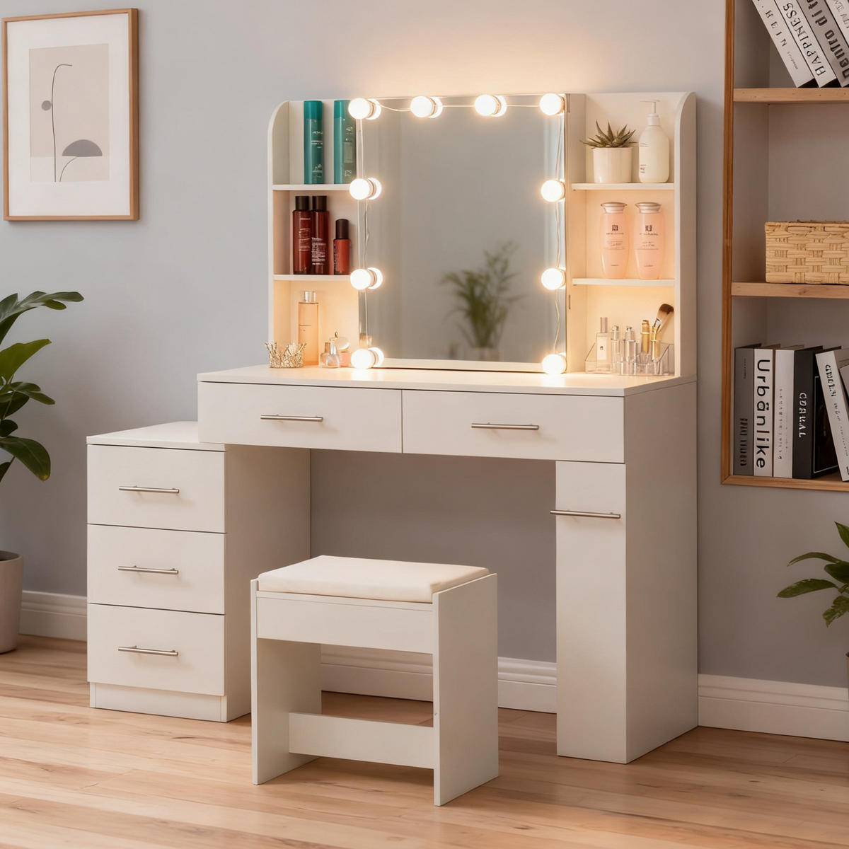 SCHMINKTISCH aus MDF 100x40x136 cm Weiß mit Schiebespiegel, verstecktem Stauraum, LED-Beleuchtung, Kommode, Eckregalen und Hocker - Weiß, Holzwerkstoff (100/136/40.5cm) - Modfu