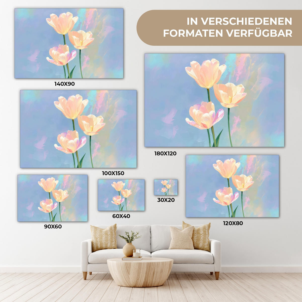 LEINWANDBILD Tulpen - Rosa Akzente - Blau Groß 140x90 cm - Pastellblau, Textil (140/90cm) - MuchoWow