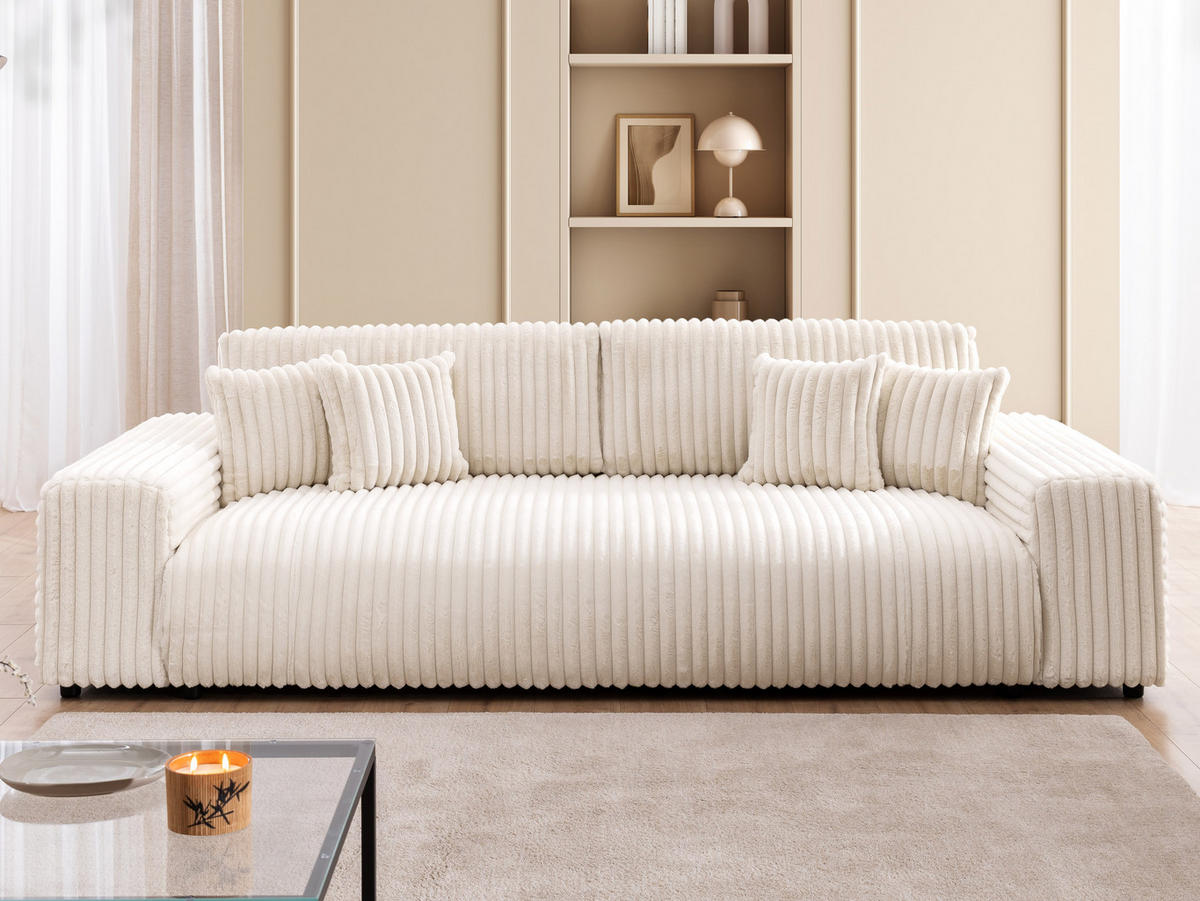 BIGSOFA Mollis Hellbeige Plüschcord mit Schlaffunktion - Beige/Schwarz, Holz/Kunststoff (260/77/124cm) - S-Style Möbel