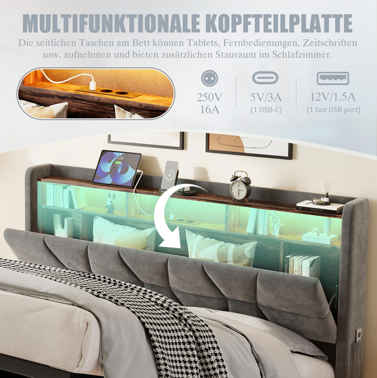POLSTERBETT aus Velvet 160x200 cm in Dunkelgrau mit LED & USB/Type-C - Dunkelgrau, Textil (160/200cm) - Modfu