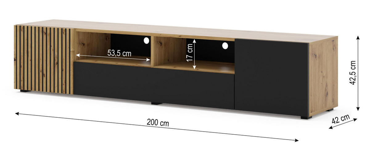 TV-LOWBOARD AURIS Eiche hell, Schwarz 200x42x42 cm - Eichefarben/Schwarz, Holzwerkstoff (200/42/42cm) - FURNLUX