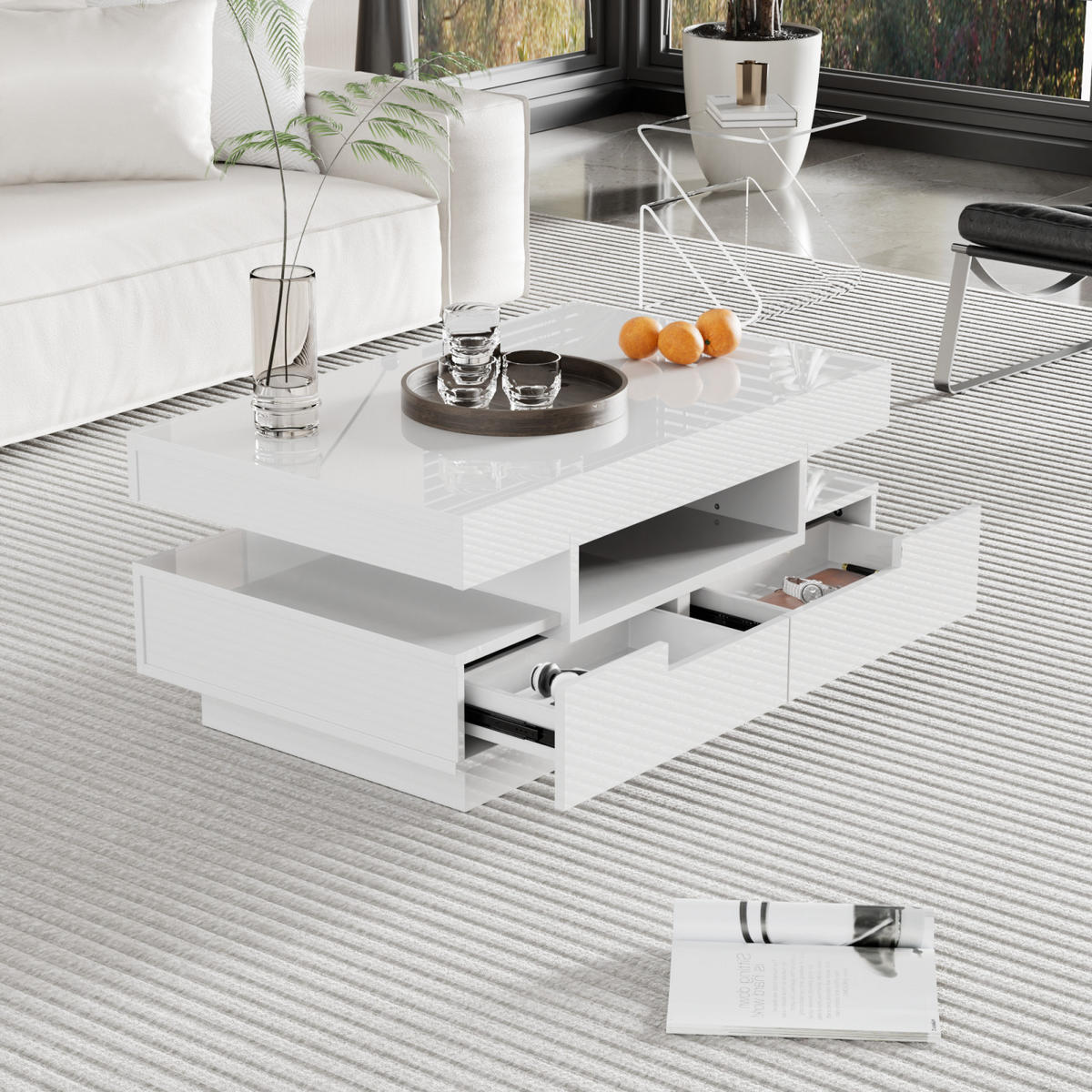 COUCHTISCH Weiß mit LED, Stauraum und 4 Schubladen - Weiß, Metall (80/50/36cm)