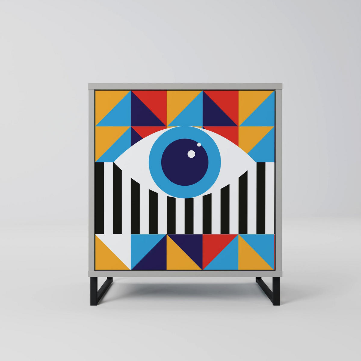 SIDEBOARD ABSTRACTION AND GEOMETRY, Grau, 57,5x42x72,5 cm, Schwarze Metallfüße - Multicolor/Schwarz, Holzwerkstoff/Metall (57.5/72.5/42cm) - SpaceRebels