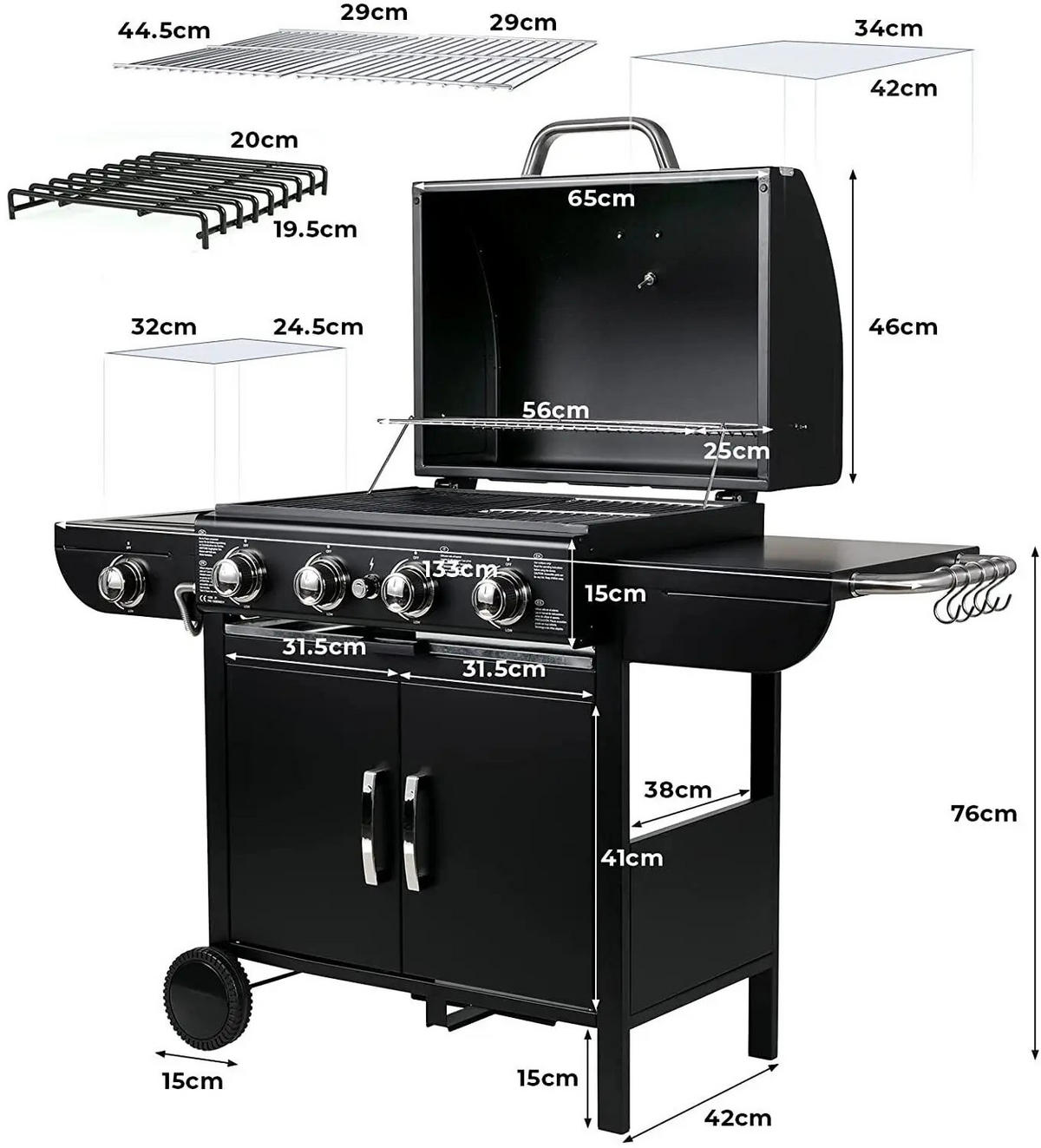 GASGRILL mit Wagen – 4 Brenner, Piezozündung, Thermometer - Schwarz, Metall (42/76/133cm) - Auledio