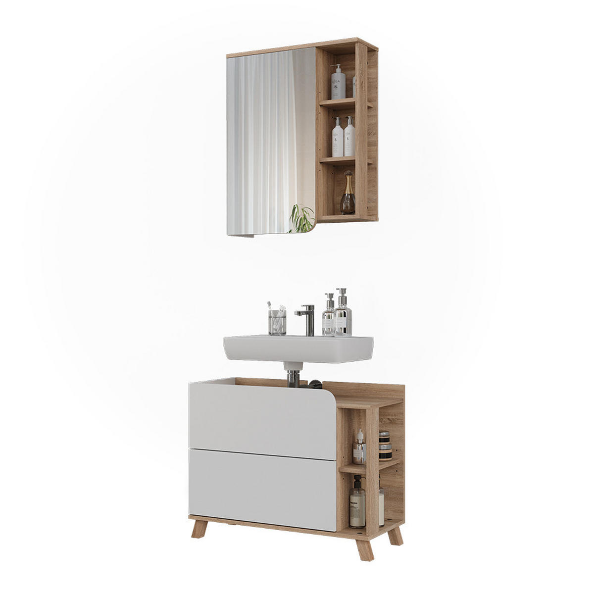 SÚPRAVA KÚPEĽŇOVÉHO NÁBYTKU Karen, biely/Sonoma, 2 časti - biela/dub sonoma, kompozitné drevo (80/65/35cm) - Vicco