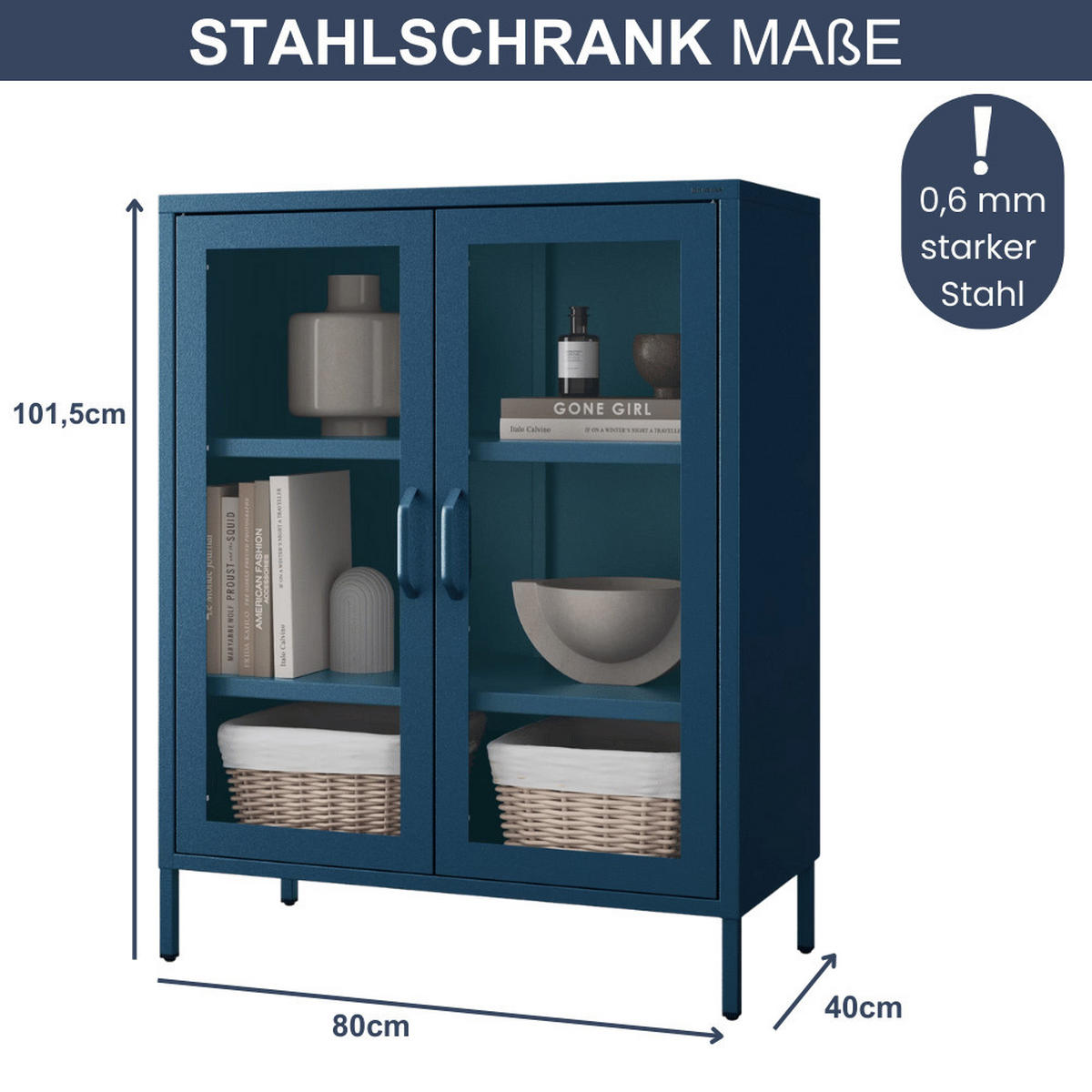 VITRINENSCHRANK Wohnzimmer klein EKER 101,5x80x40cm Dunkelblau - Dunkelblau, Metall (80/101.5/40cm) - DELUKE