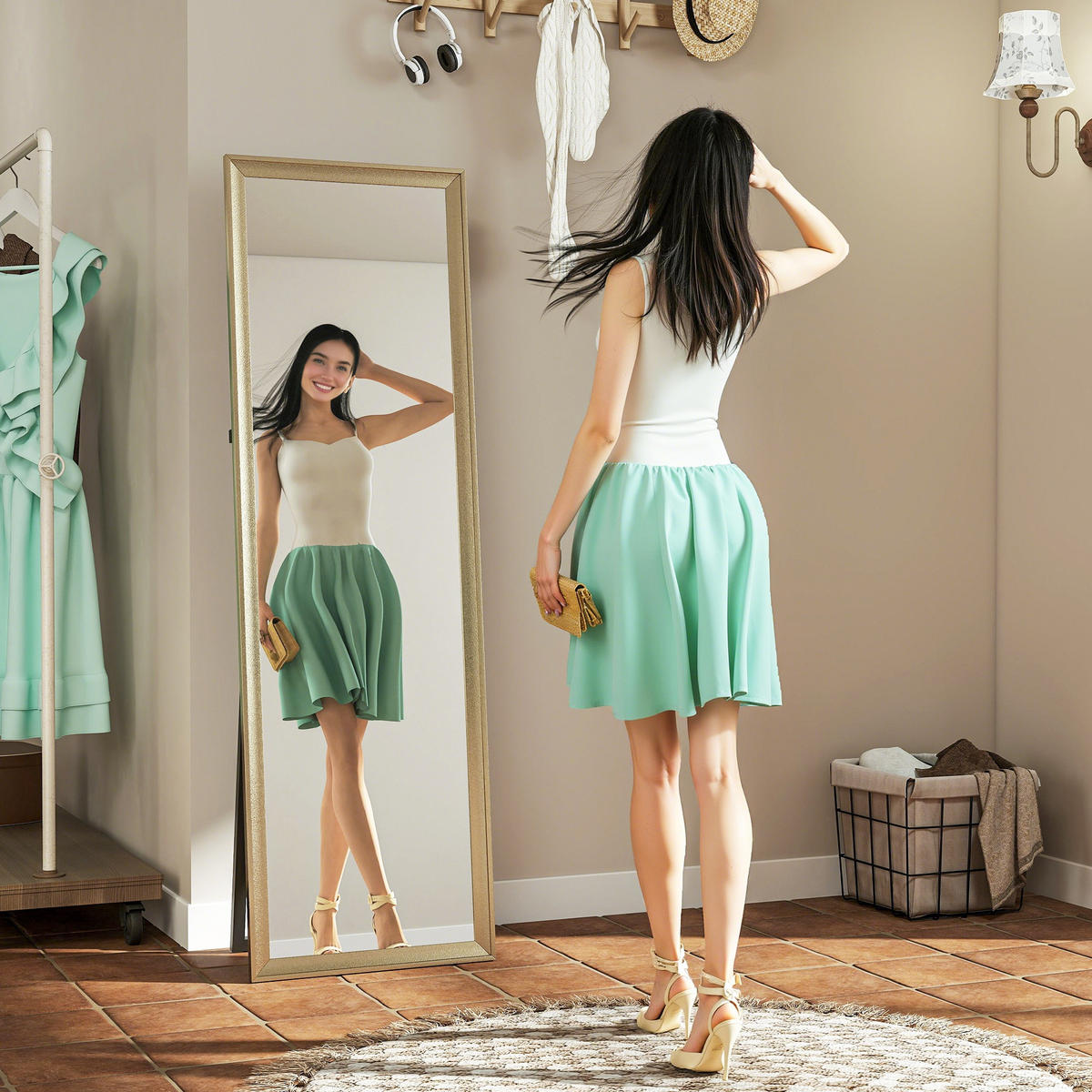 GANZKÖRPERSPIEGEL 160 x 50 cm Rechteckig Standspiegel mit Metalloptik, Gold - Goldfarben, Kunststoff (50/160/4cm) - HOMCOM