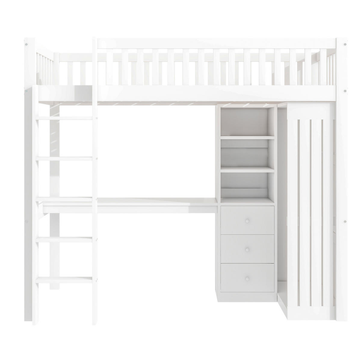 HOCHBETT 90x200cm, mit Schreibtisch und Kleiderschrank 3 Schubladen, Weiß - Weiß, Holz (90/200cm)