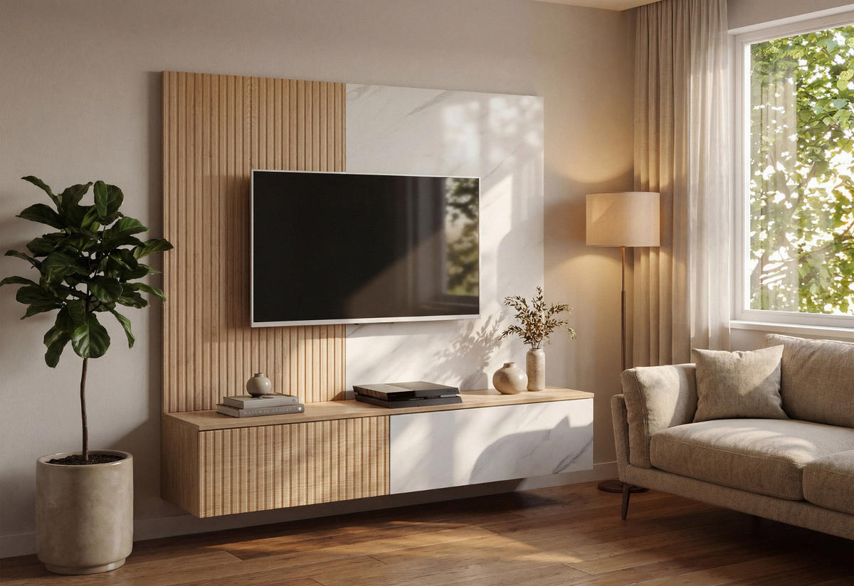 TV-LOWBOARD Cremona Eiche, Marmor weiß 160 cm hängend, TV Unterschrank Set mit Wandpaneel - Eichefarben/Weiß, Holzwerkstoff (160/148/35cm) - Inn.Furn