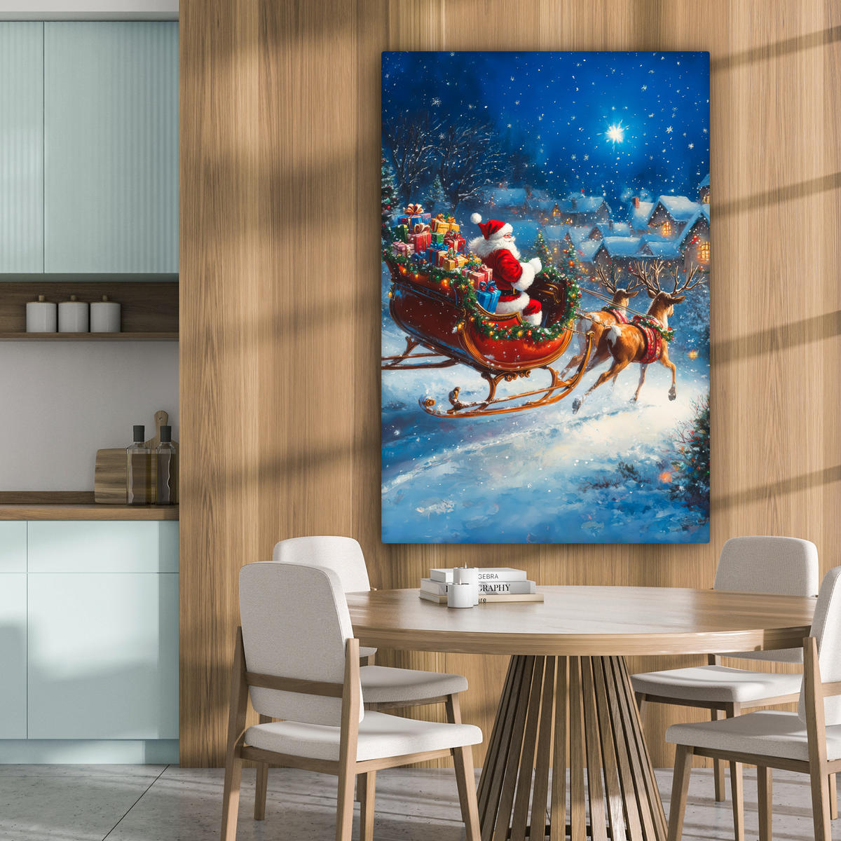 LEINWANDBILD Weihnachtsmann - Rentier - Weihnachten - Schnee 80x120 cm - Cognac, Textil (80/120cm) - MuchoWow