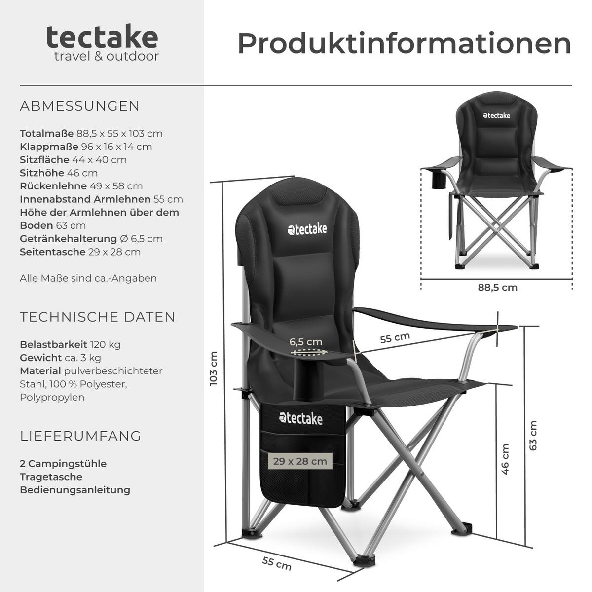 CAMPINGSTUHL 2er Set gepolstert Mtx,88,5 x 55 x 103 cm, Belastbarkeit 120 kg,schwarz - Schwarz, Textil (88.5/103/55cm) - tectake