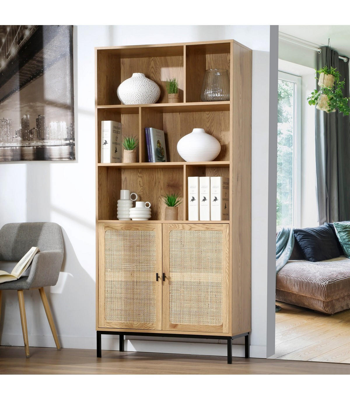 BÜCHERREGAL mit Aufbewahrung 2 Türen aus natürlichem Rattan H175cm - JAYA - Apfelbaumfarben, Holzwerkstoff (35/175/80cm) - Calicosy