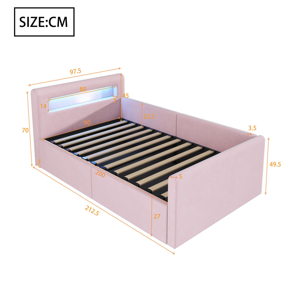 KINDERBETT 90/200 cm aus Samtstoff mit LED-Beleuchtung, USB-Anschluss und Stauraum Rosa - Rosa, Textil (90/200cm) - Modenvie