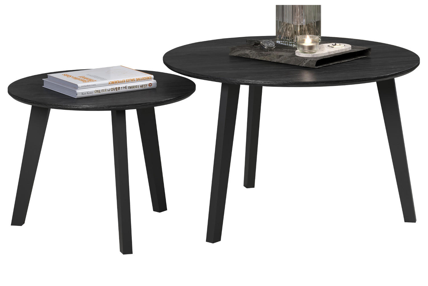 COUCHTISCH 2er Set Esche schwarz, 2x Beistelltisch rund - Schwarz, Holzwerkstoff (50/50/39cm) - Top.Furn