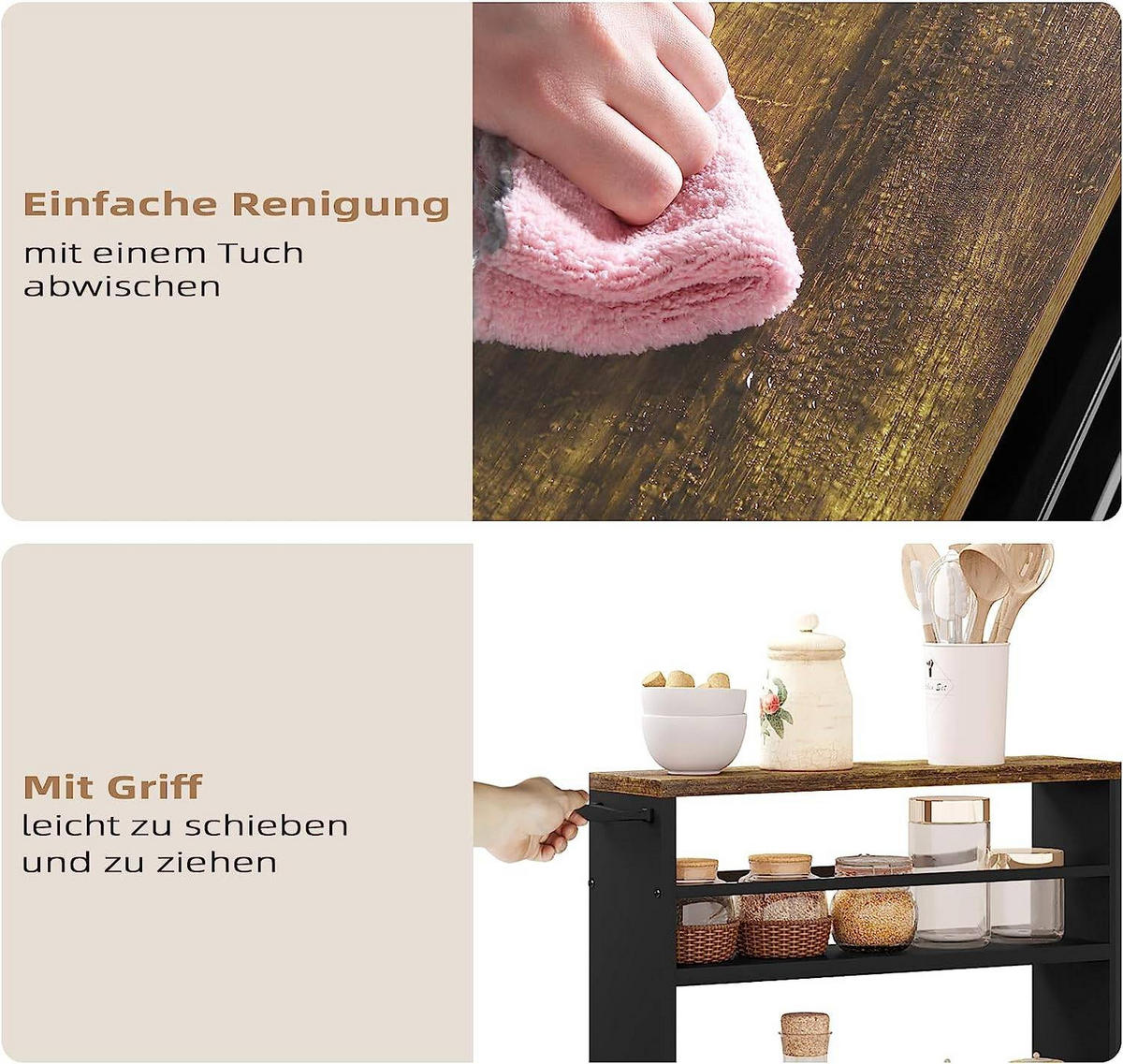 KÜCHENWAGEN mit 3 Ebenen, Griff und Bremsen ,Schwarz - Schwarz, Holzwerkstoff/Metall (47/80/13cm) - Woltu