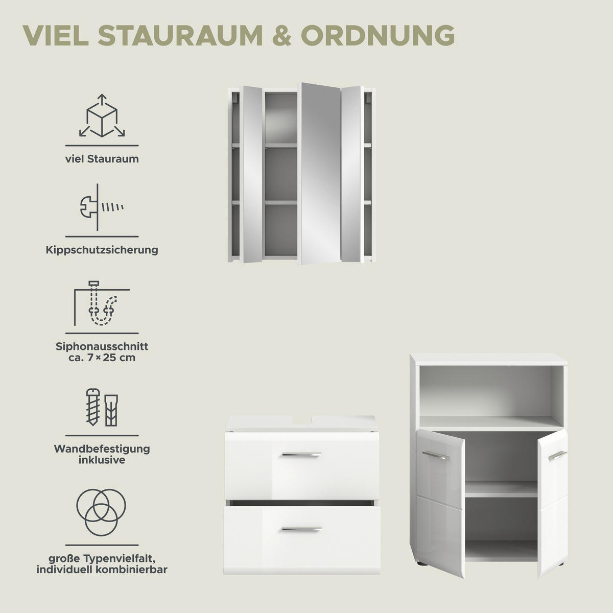 BADKOMBINATION Ice 135x185x30 cm weiß Hochglanz MDF 3tlg. - Weiß, Holz (135/185/30cm)