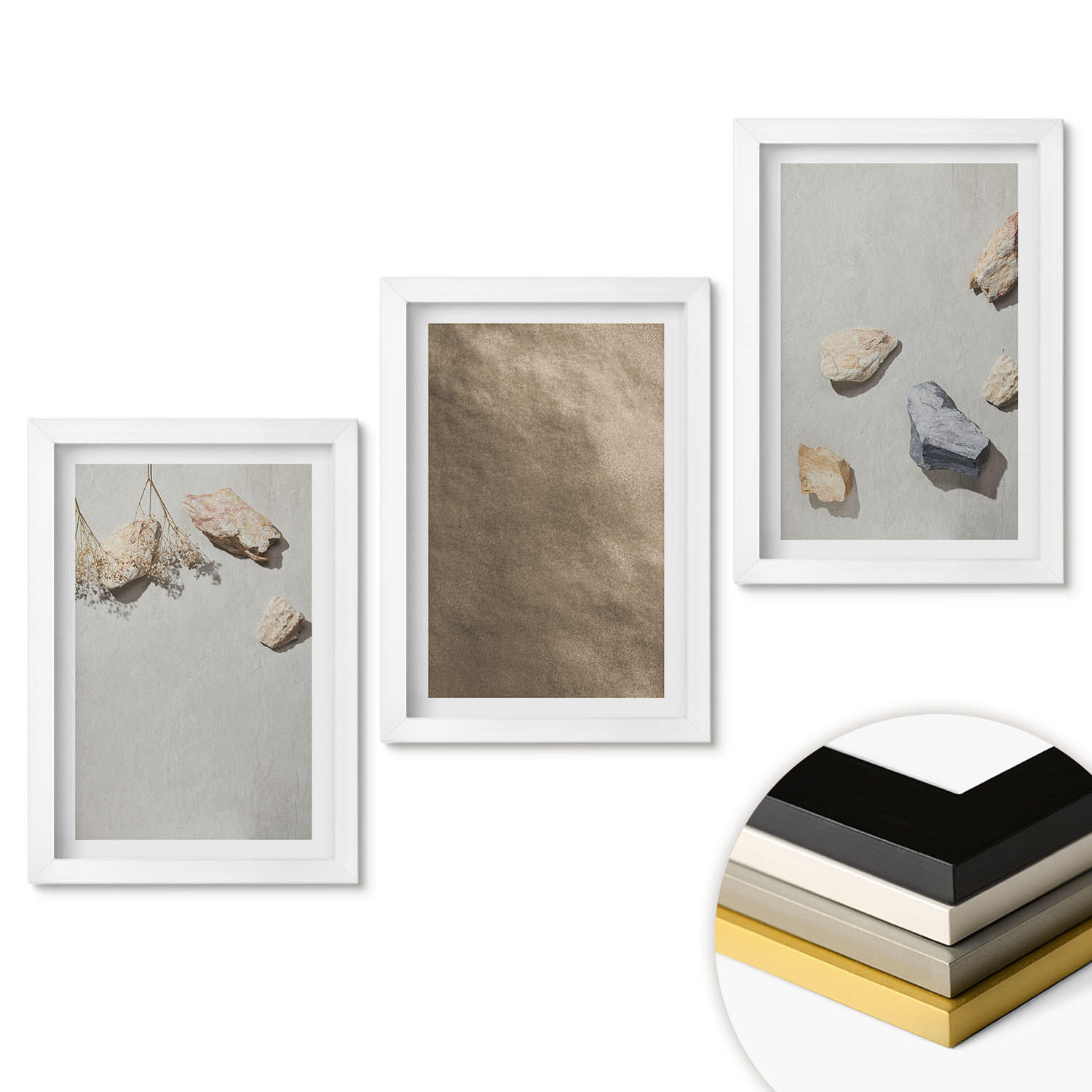 WANDBILDER 3er-Set - 20x30 cm Weißer Rahmen - Steine Strand natürliche Strukturen - Weiß, Kunststoff (20/30cm) - ArtPrintCave