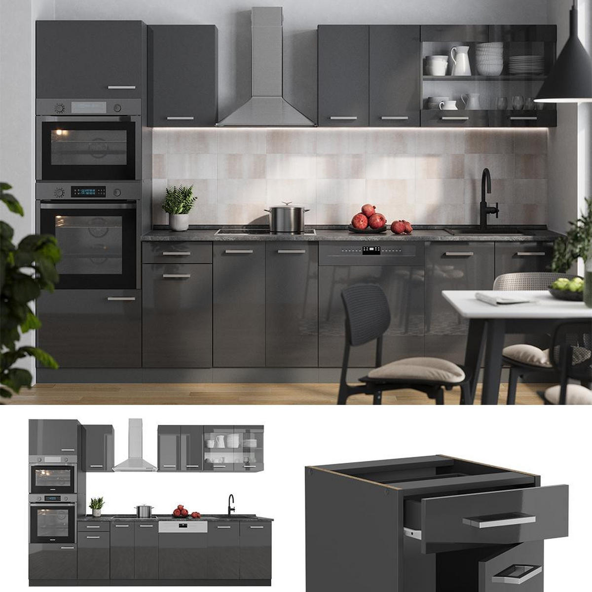 KITCHENETTE R-Line Antracit lucios ridicat 300 cm cu dulap înalt, stejar AP - negru cu luciu intens/antracit, compozit lemnos (300/206.8/60cm) - Vicco