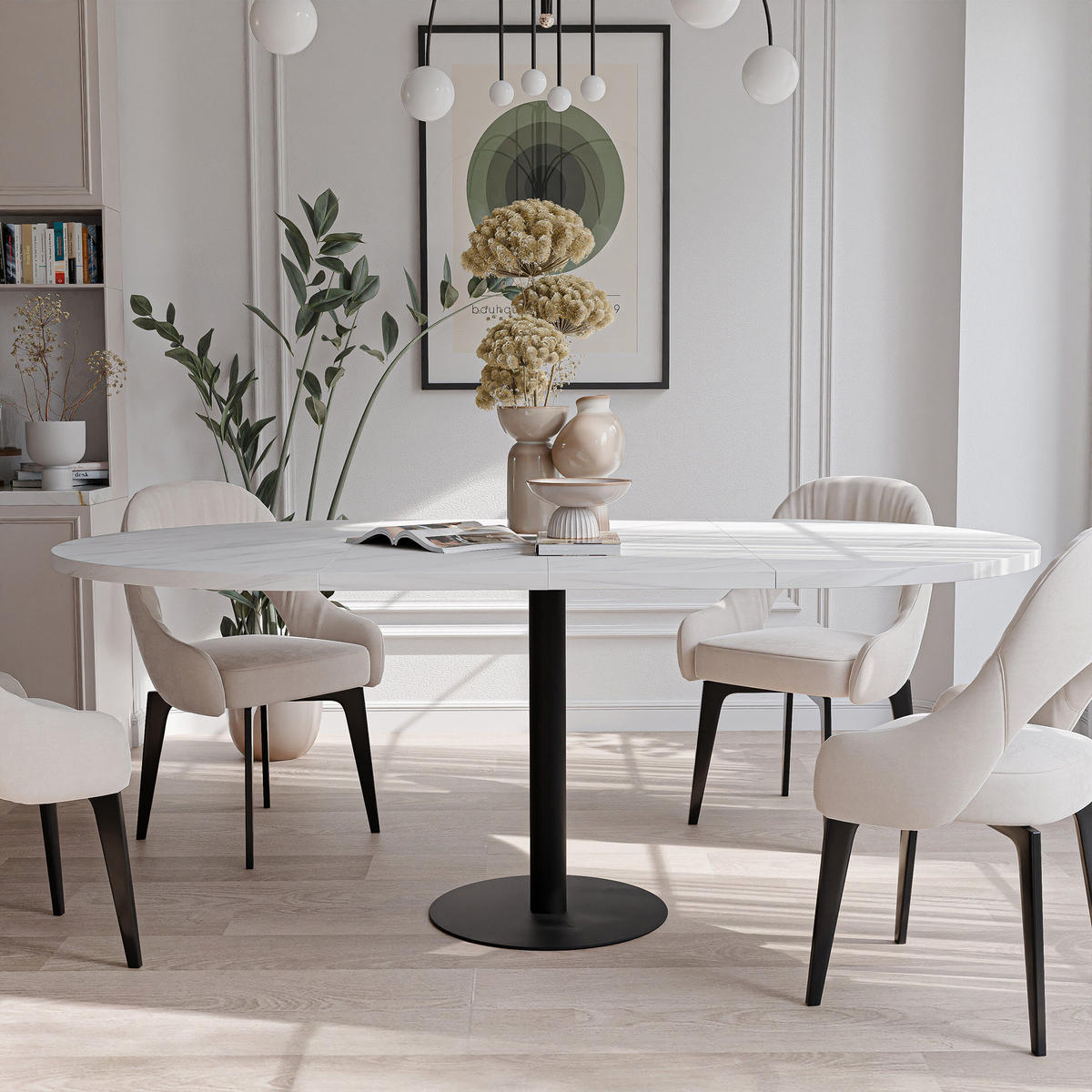 TISCH einbeinig schwarzes Bein, MDF Tischplatte, Marmor Bianco - Schwarz/Weiß, Holzwerkstoff (100/100/76cm) - Idohome