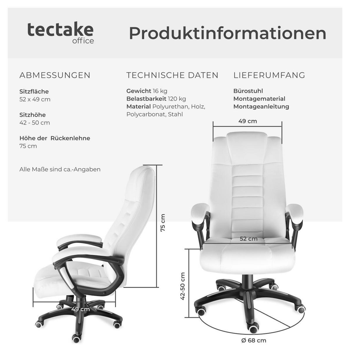 BÜROSTUHL Mafz, einstellbare Wippfunktion, weiß - Weiß, Textil (49/50/52cm) - tectake