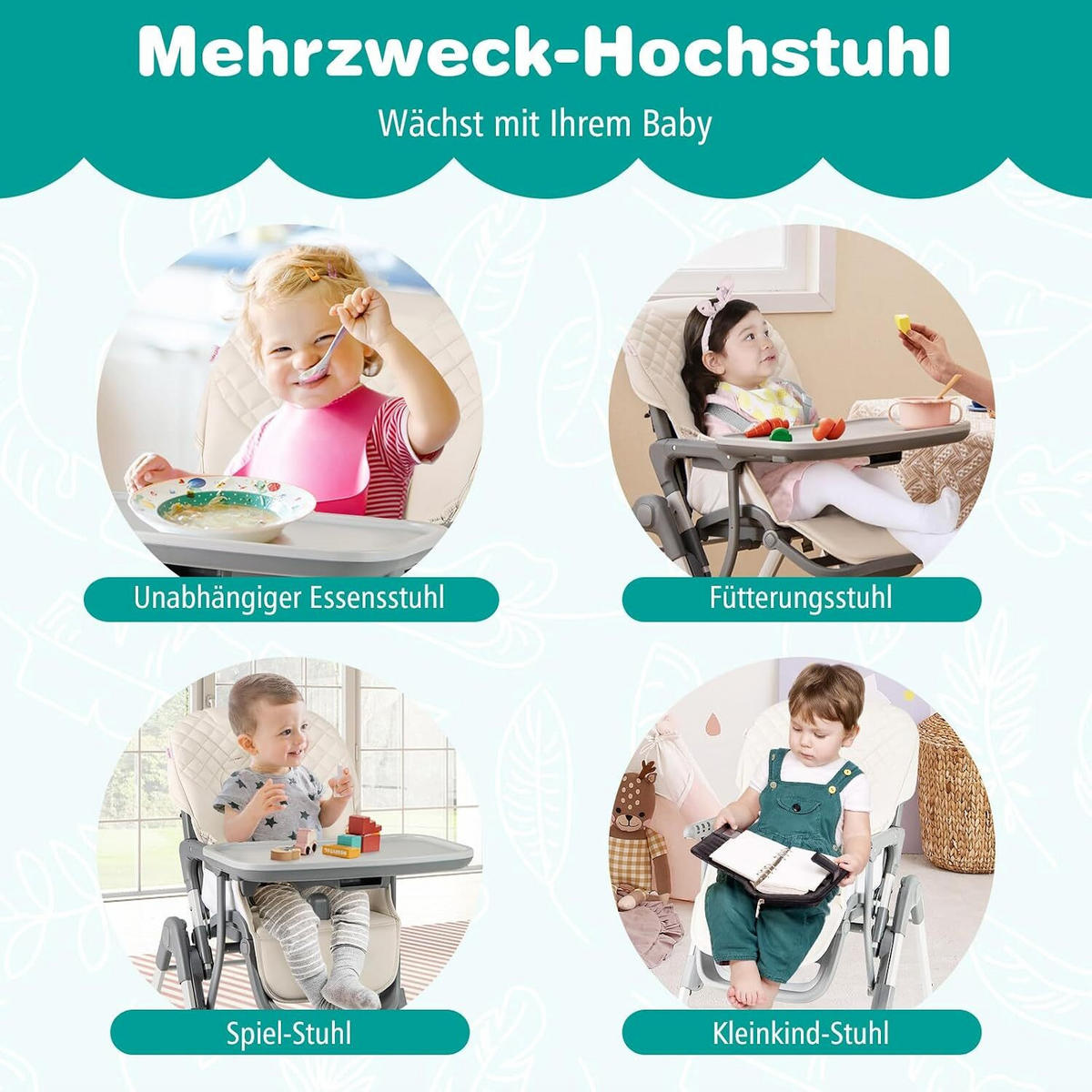 KINDERHOCHSTUHL mit Liegebereich beige - Beige, Kunststoff (80/98/58cm) - COSTWAY