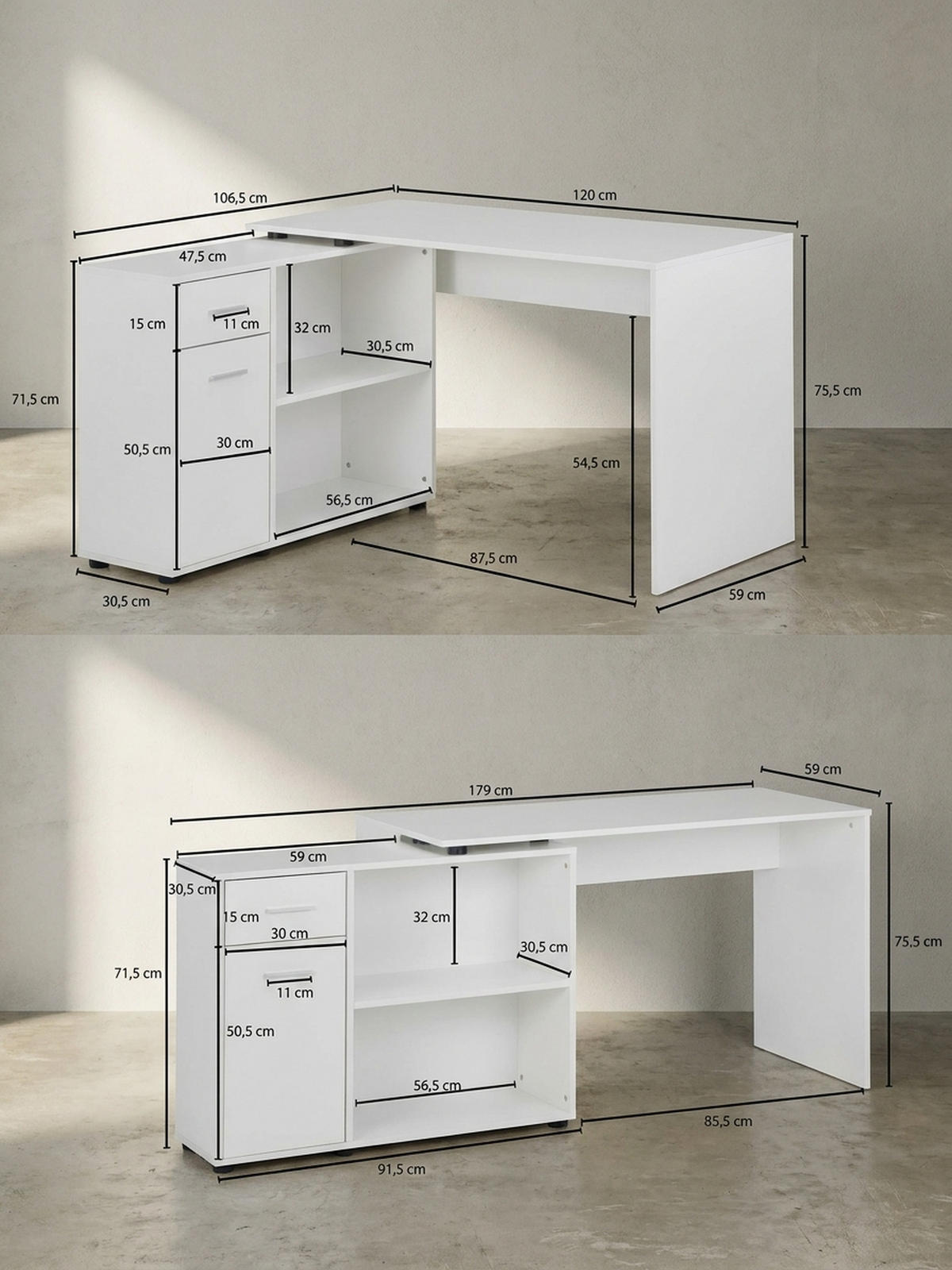 SCHREIBTISCH mit Regalplatte – flexibel aufstellbar, melaminbeschichtet, weiß, 120x107x75 cm - Weiß, Holz/Kunststoff (107/120/75cm) - KADIMA DESIGN