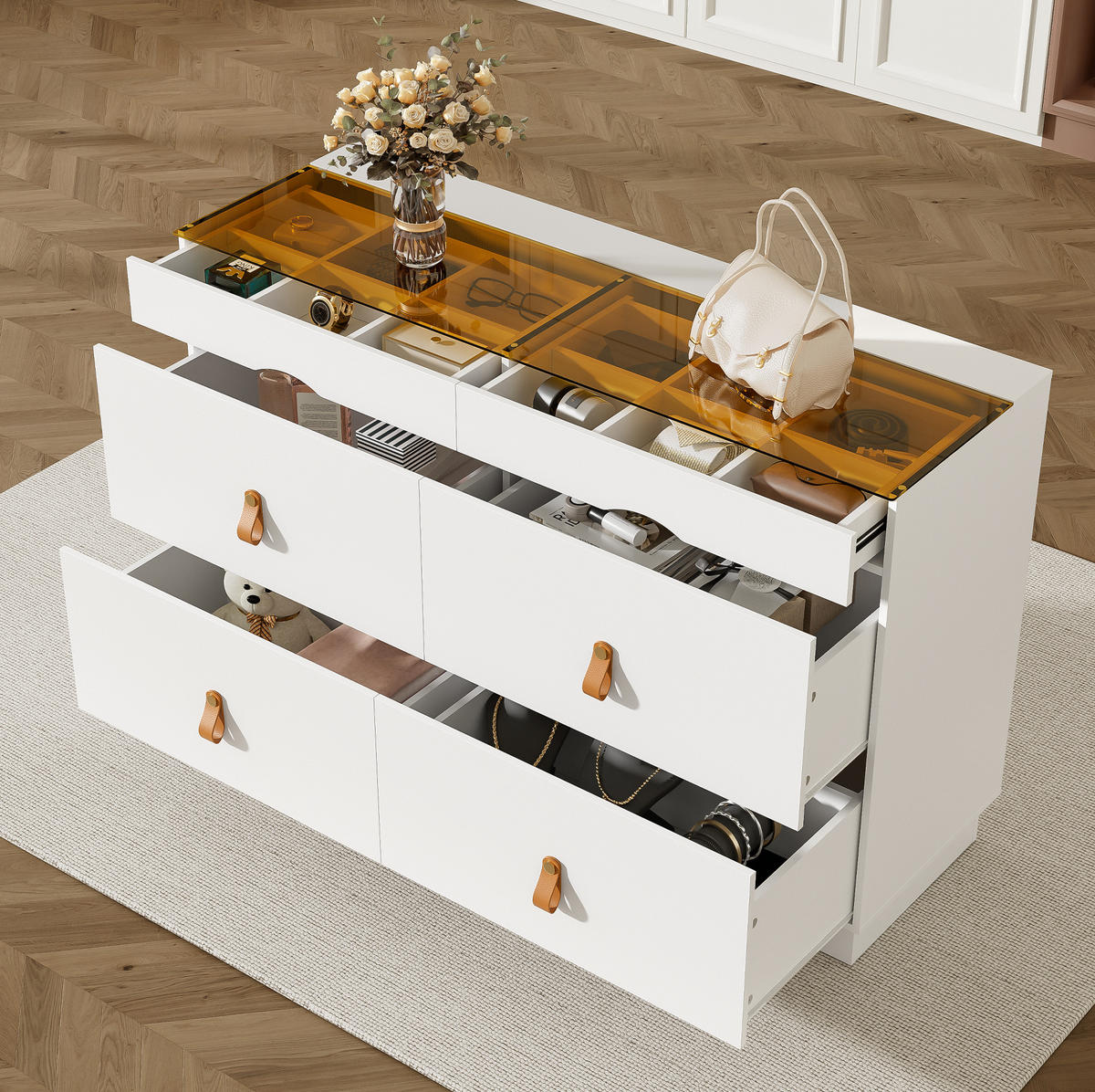 KOMMODE aus Spanplatte 120x40x78 cm Weiß mit 6 Schubladen und Glasplatte - Weiß, Glas (120/78/40cm) - IVMEU