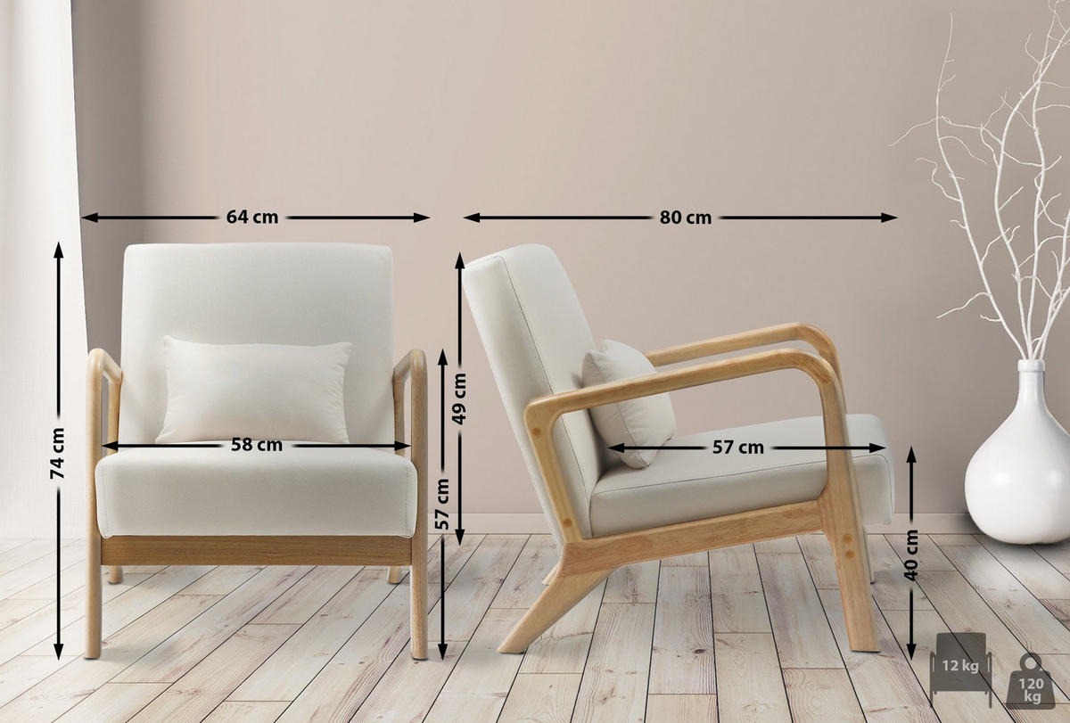 SESSEL Holz creme - Eukalyptusholzfarben/Creme, Holz/Textil (64/74/80cm) - CLP