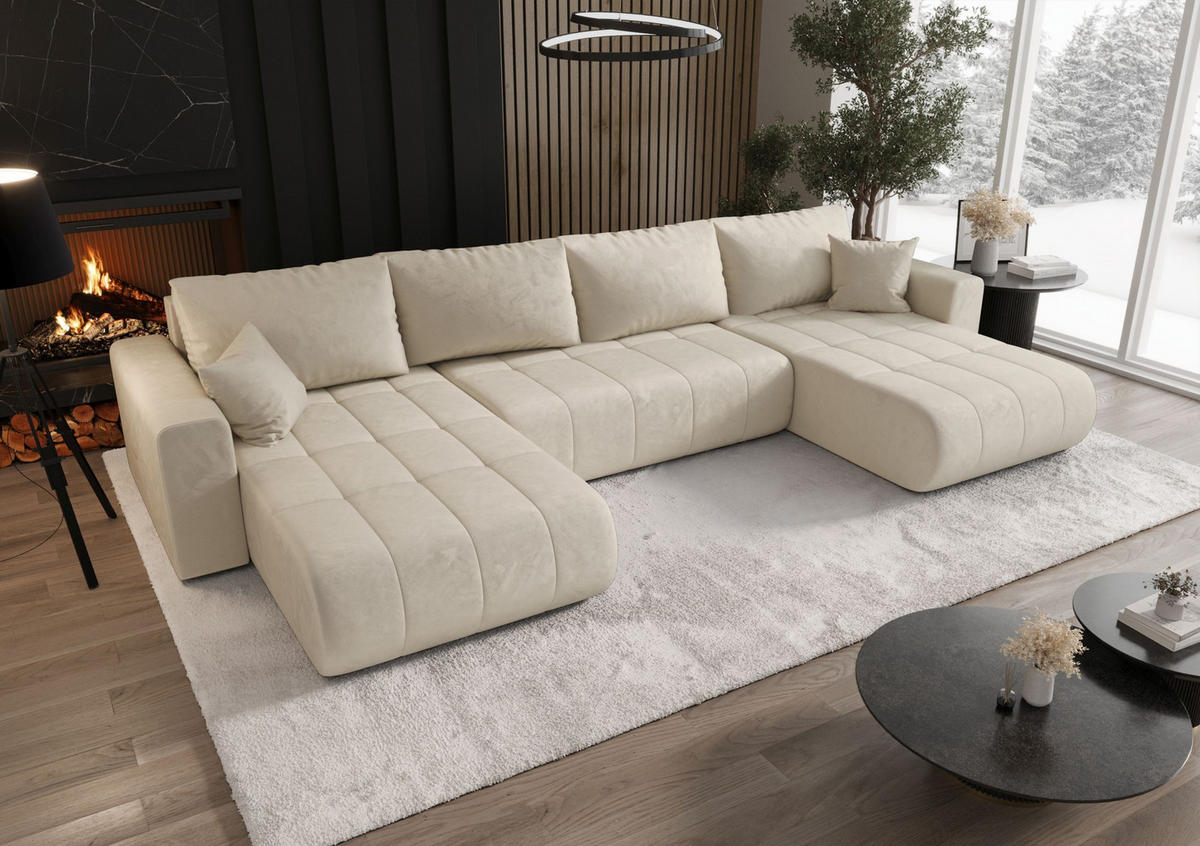 WOHNLANDSCHAFT LARA U-Form beige Velours Monolith 2 - Schlaffunktion, Bettkasten - Beige, Textil (385/85/175cm) - Cornero