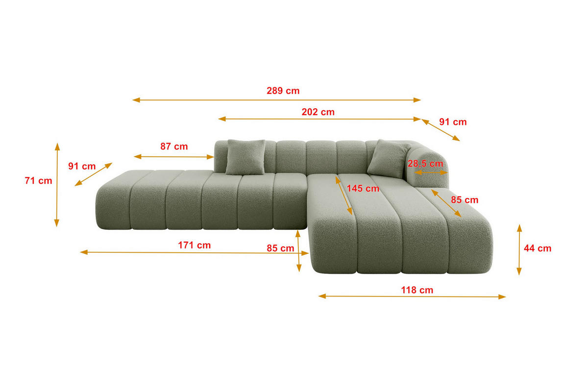 ROHOVÁ SEDAČKA s otomanem, pravá BILA-L 289x176x71 Zelená Buklé - černá/zelená barva, kompozitní dřevo/textil (289/176cm) - ALTDECOR
