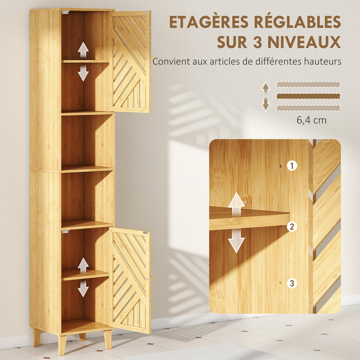 HOCHSCHRANK DE-12485 32/30/170 cm mit Bambustüren Naturholz - Naturfarben, Holzwerkstoff (30/170/32cm) - ComfortXL