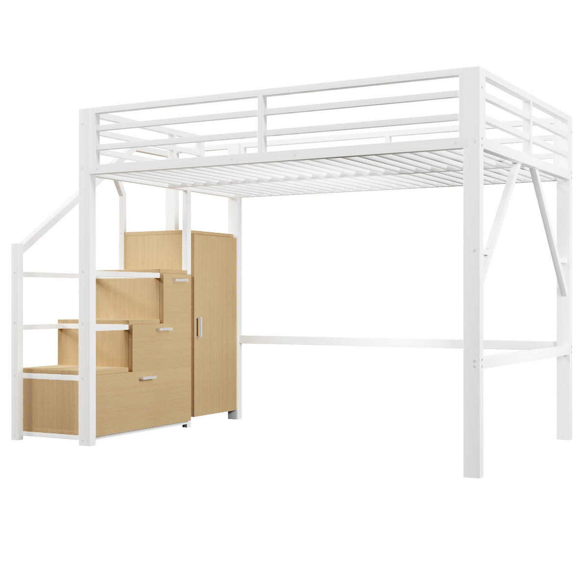 HOCHBETT mit Kleiderschrank und Staufächern 140x200 cm Metall Weiß - Weiß, Metall (140/200cm) - Meubliv