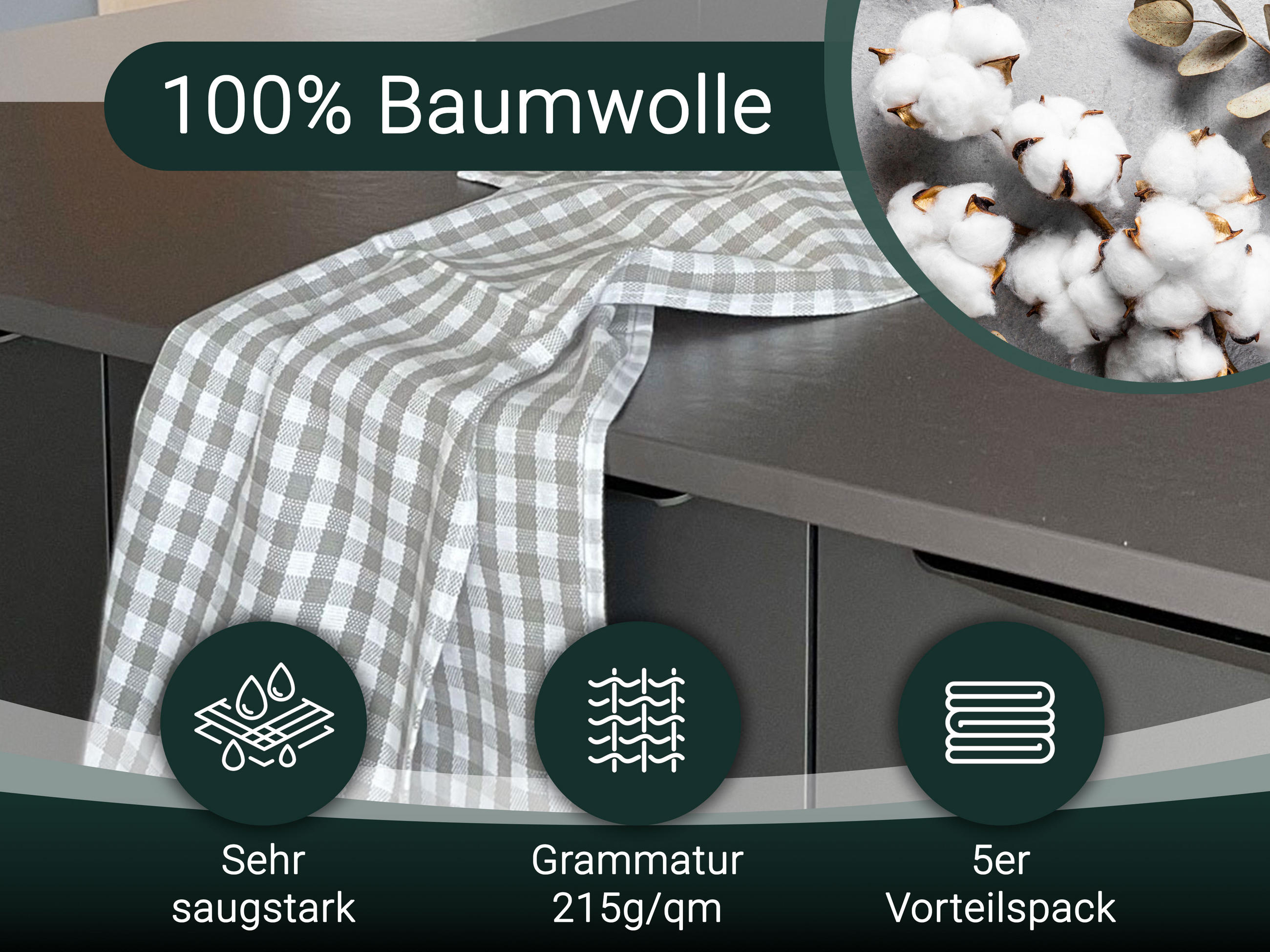 GESCHIRRTÜCHER, 5er-Set, 50x70 cm, 100% Baumwolle, Grau - Grau, Textil (50/70cm) - Zollner