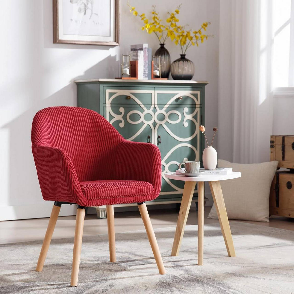 ESSZIMMERSTUHL 2er Set Polsterstuhl, Cord, Holzbeine, Rot - Eichefarben/Rot, Holz/Kunststoff (55.5/83.5/56.5cm) - Woltu