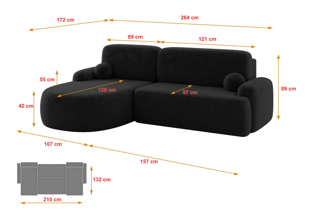 ECKSOFA mit Schlaffunktion und Bettkasten LIRA-L - 264x172x89 Schwarz - Schwarz, Holzwerkstoff/Textil (264/172cm) - ALTDECOR