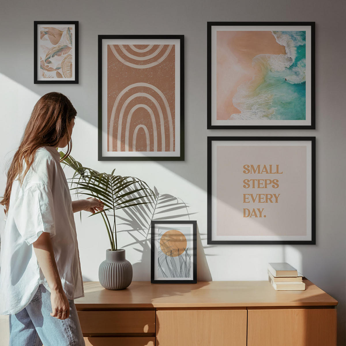 BILDER SET 5er Set - 50x50 cm & 20x30 cm & 40x60 cm Schwarzer Rahmen - Familie liebt Zuhause Aquarell - Schwarz, Kunststoff (40/60cm) - TULUP
