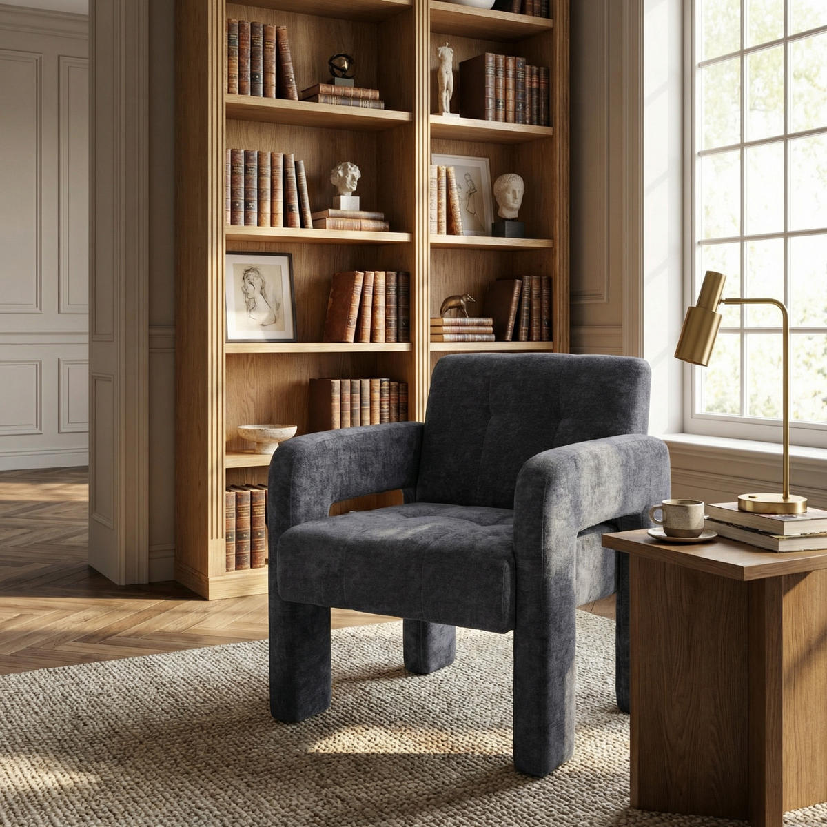 SESSEL Nordic Style aus Chenille mit ergonomischen Armlehnen - Grau, Textil (67.5/74.5/69cm) - Urban Meuble