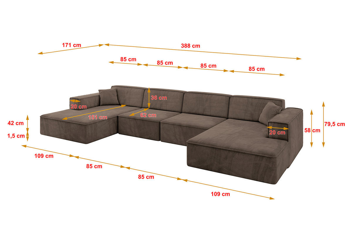 WOHNLANDSCHAFT IREA-U2-v4 - 388x171x79 cm Braun - Braun, Holzwerkstoff/Textil (388/79/171cm) - ALTDECOR