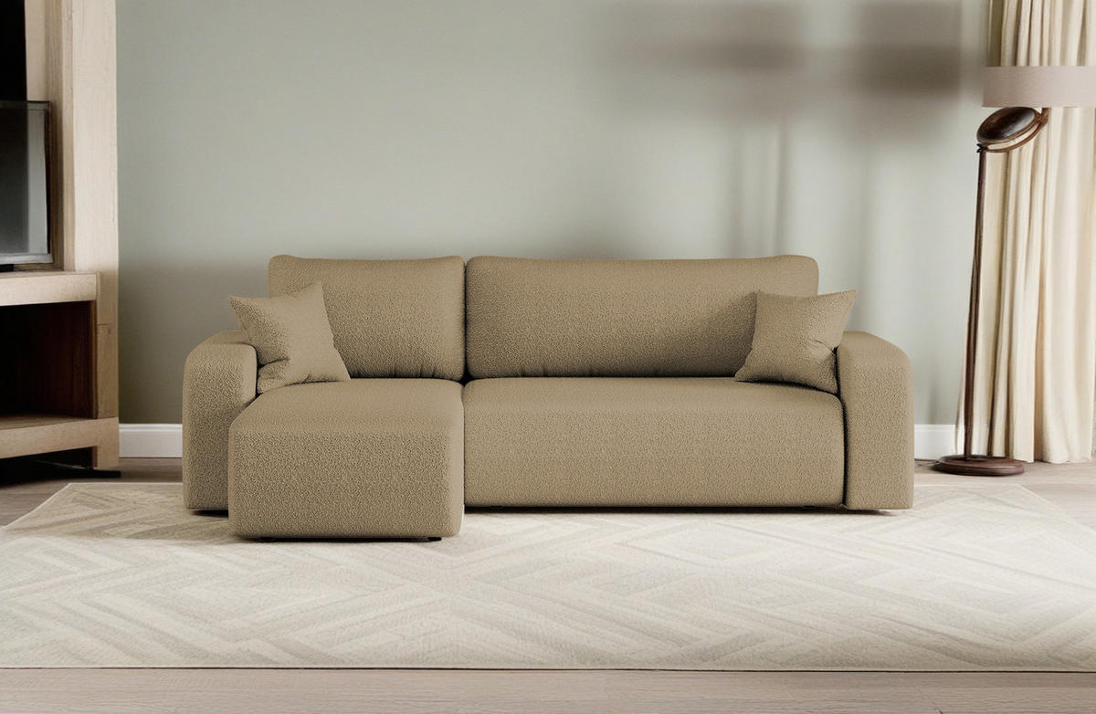 ECKSOFA L-FORM Schlaffunktion Und Bettkasten Eckcouch MILANO L Stoff Quelle Hellbraun Rechts - Hellbraun, Holz/Textil (244/142cm) - Kaiser Möbel