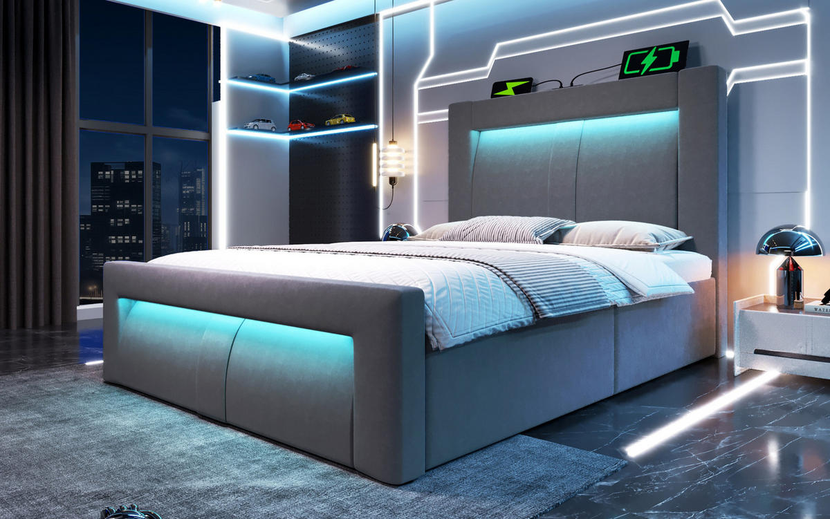 ČALÚNENÁ posteľ 90/200 cm sivá s LED osvetlením a úložným priestorom zo zamatu - sivá, textil (90/200cm) - OKWISH