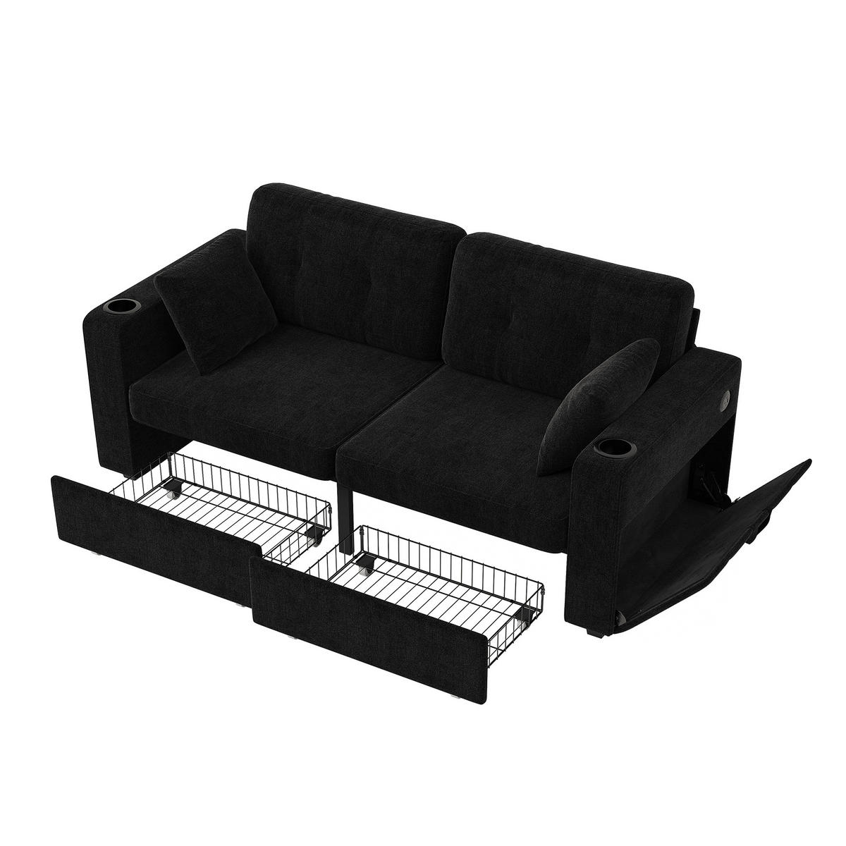 2-SITZER-SOFA DE-33930 mit 2 Stauraumschubladen Schwarz - Schwarz, Metall (75/82/172cm) - ComfortXL