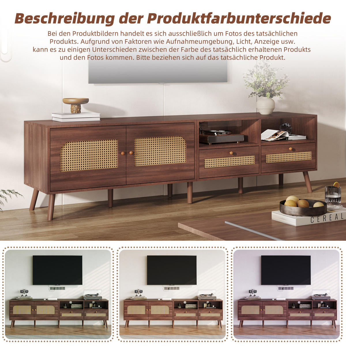 TV stolík 200/37/49,5 cm tmavohnedý z drevotriesky s ratanovými dvierkami a 2 zásuvkami - hnedá, kompozitné drevo (200/49.5/37cm) - OKWISH